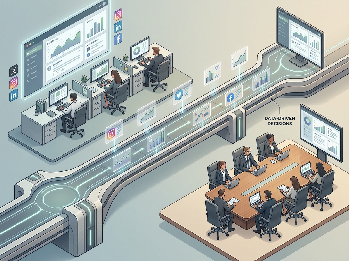 An illustration showing the integration of social data into corporate decision-making.