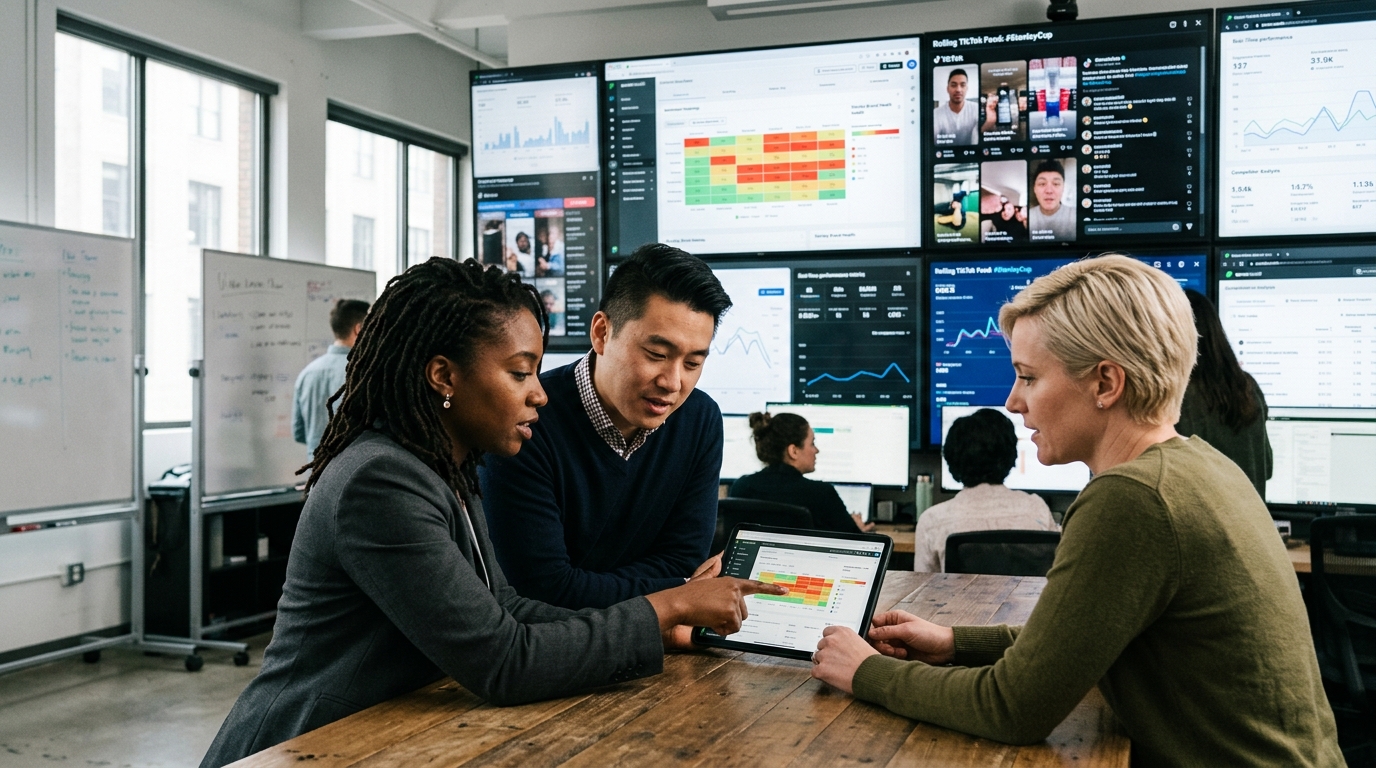 A social media marketing team working in a high-tech command center using data dashboards.