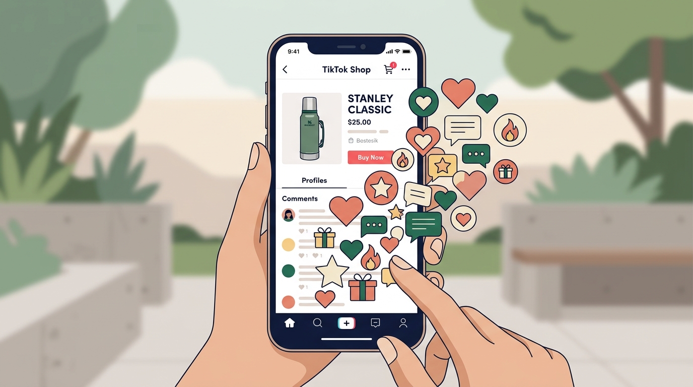 An illustration showing the integration of heritage products with modern social commerce interfaces.