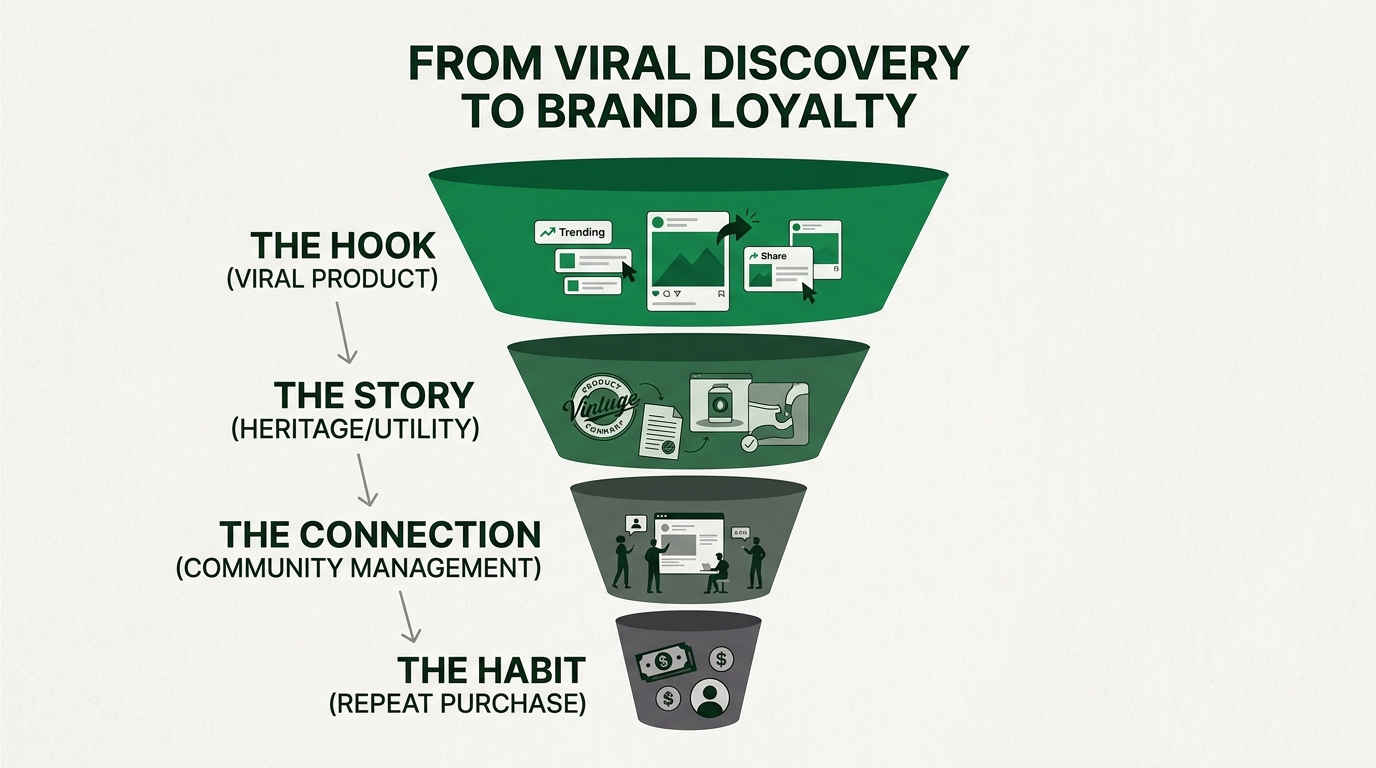 A funnel diagram illustrating Stanley's strategy to convert viral one-time buyers into long-term brand loyalists.