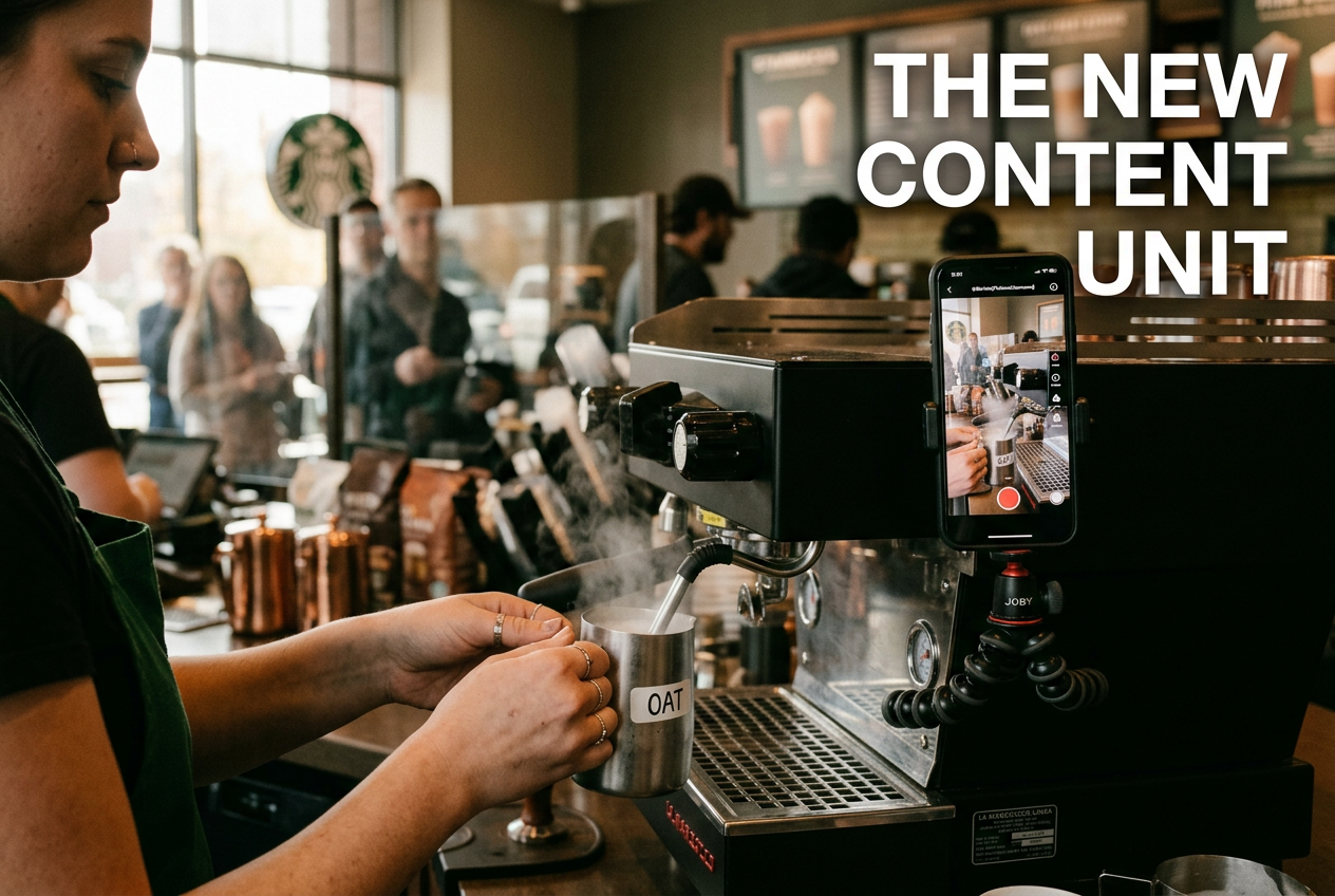 A smartphone on a tripod filming a barista making coffee, showing the behind-the-scenes of worker-creator content.