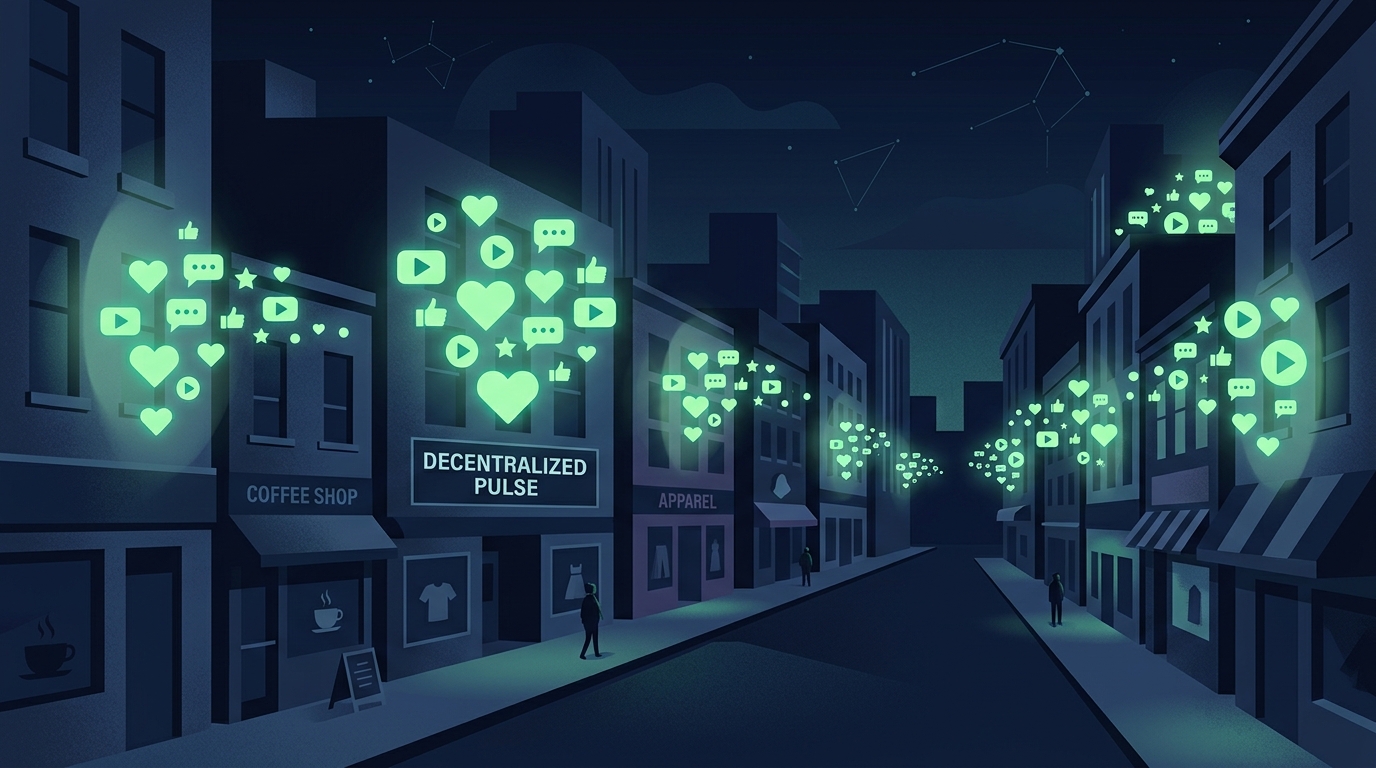 An abstract illustration of a city where every business is connected through organic social media signals.