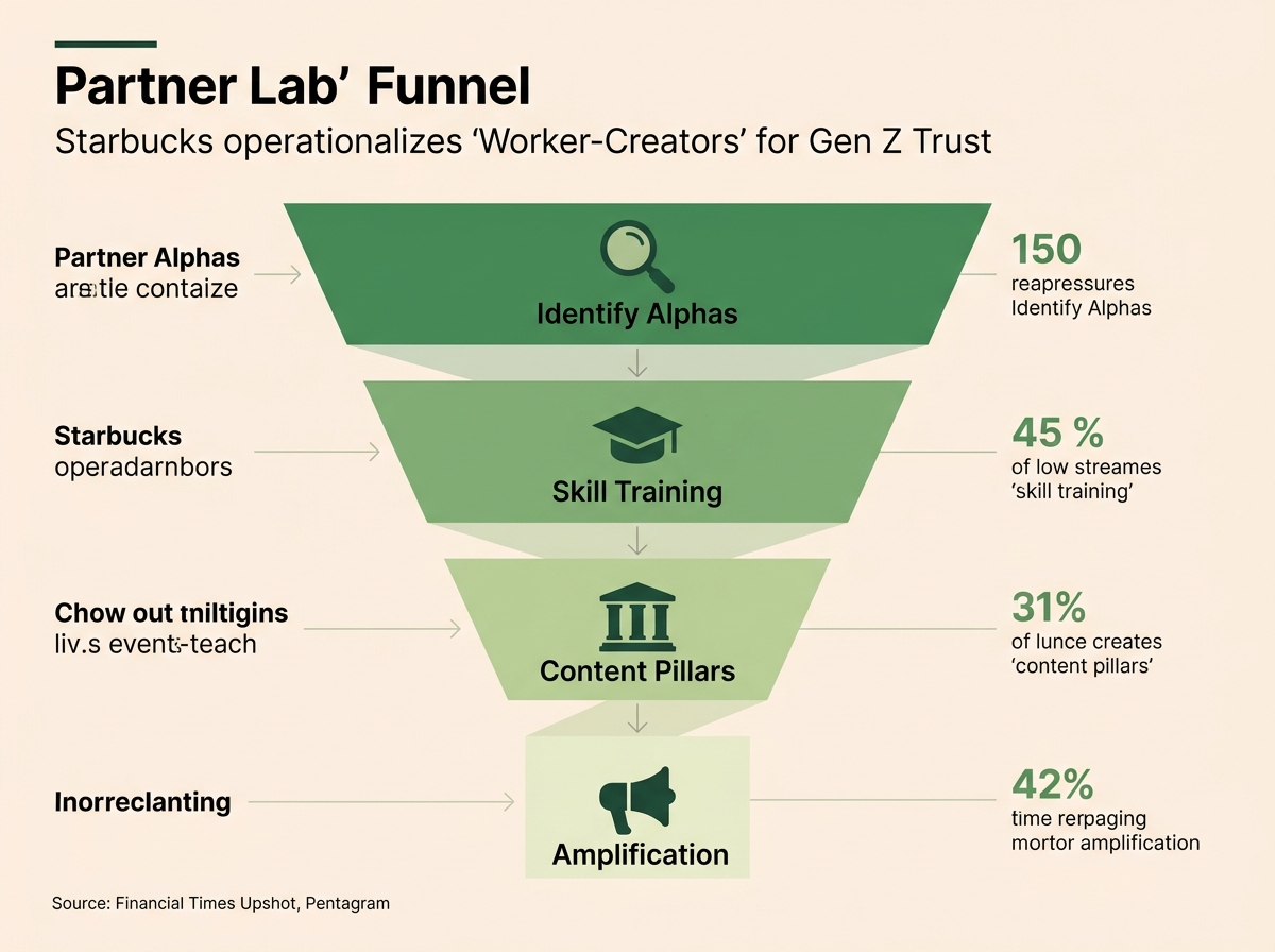A funnel diagram showing the four stages of the Starbucks employee creator strategy.