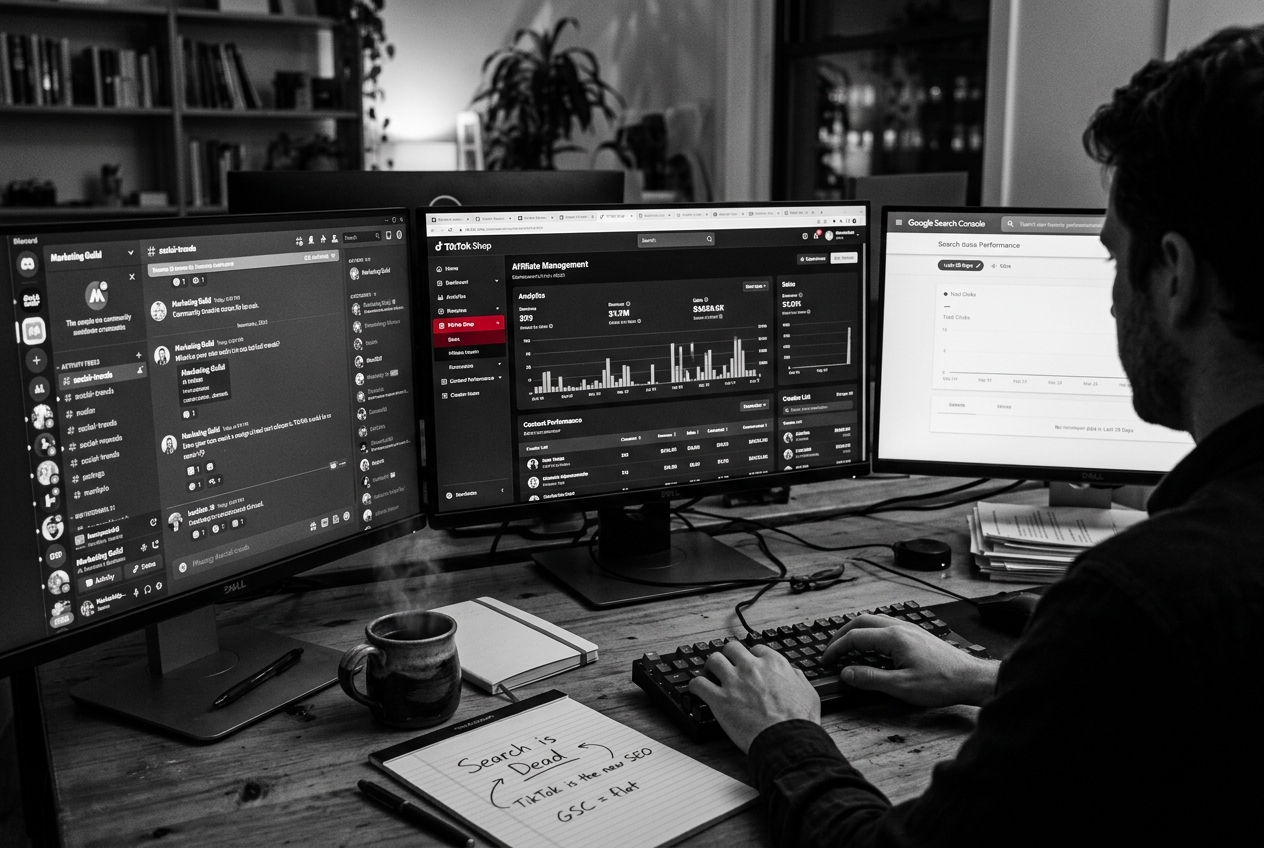 A professional desk setup showing the shift in focus from traditional search metrics to social commerce dashboards.