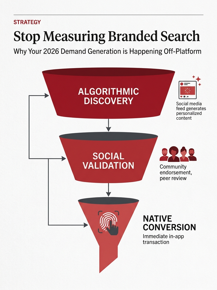 An infographic showing the three stages of modern demand generation: Algorithmic Discovery, Social Validation, and Native Conversion.