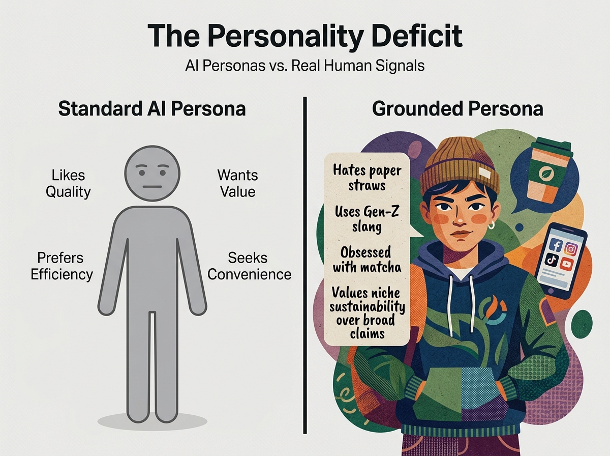 A comparison chart showing the difference between a generic AI persona and one grounded in real data.