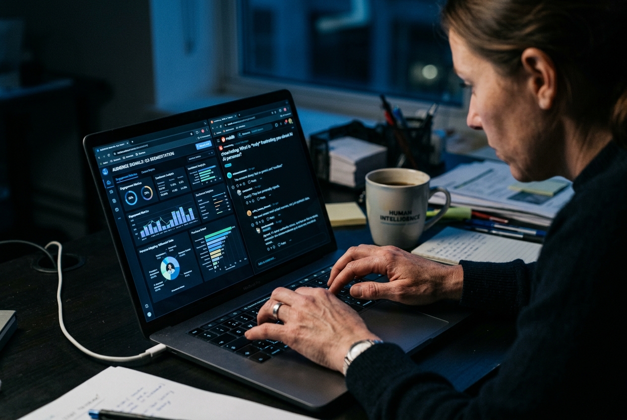 A marketer researching real-world human conversations alongside data dashboards.
