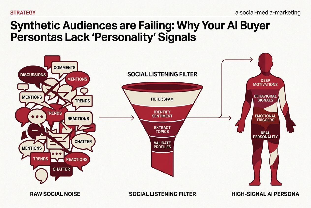 An infographic showing how social listening data filters raw noise into high-signal AI personas.