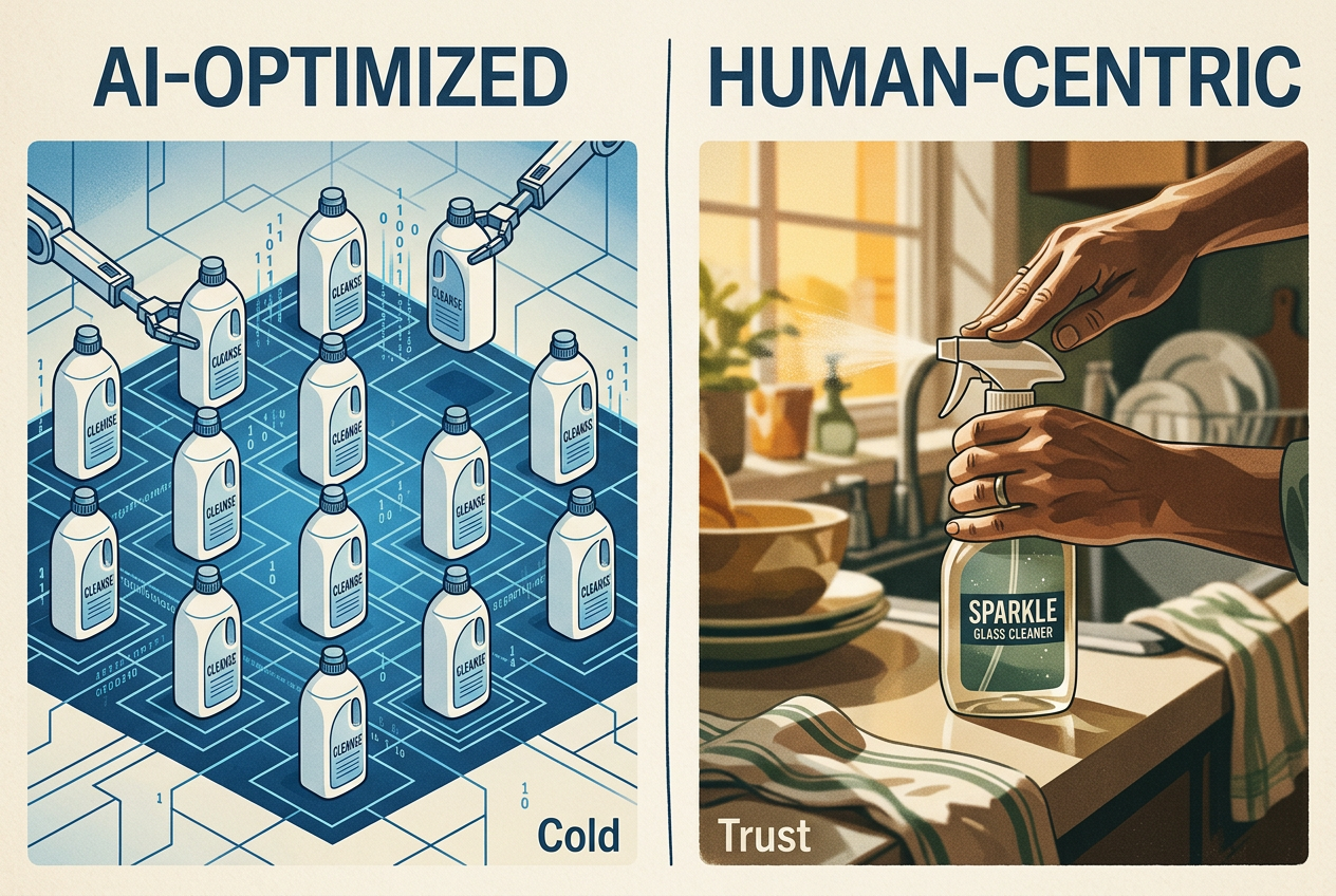 Comparison between sterile AI-generated content and authentic human-led social content.