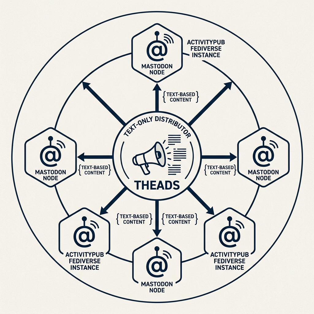 A network diagram illustrating how a single Threads post syndicates across the decentralized Fediverse.