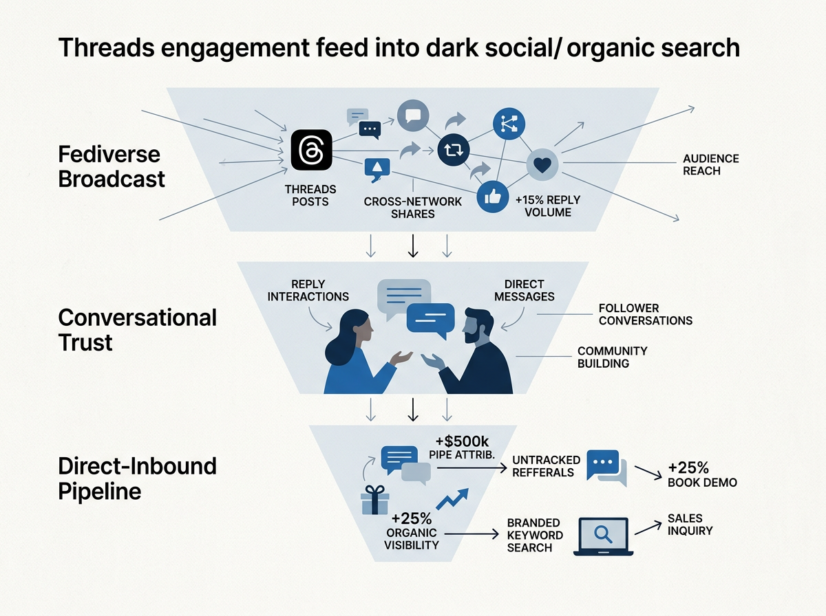 A three-stage conversion funnel showing how Threads activity drives brand trust and direct-inbound pipeline.