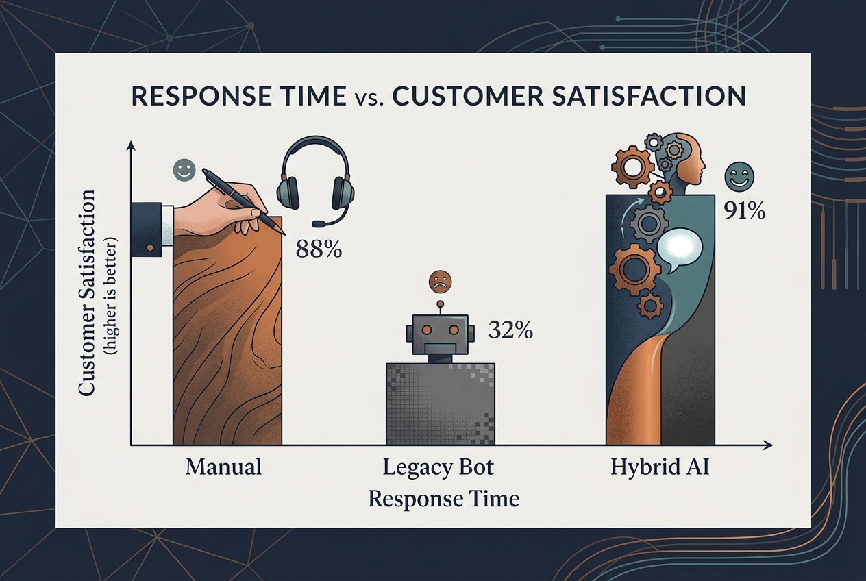 A bar chart comparing manual, bot-only, and hybrid AI response strategies.