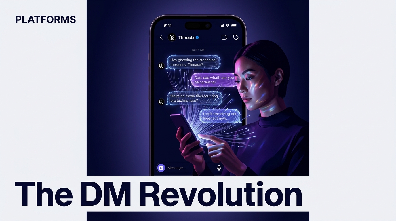 A conceptual illustration of a smartphone showing a Threads DM conversation powered by glowing AI fibers.