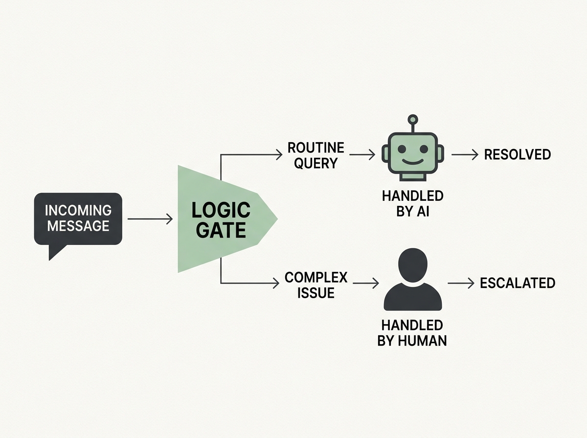 A flowchart showing how a Threads DM is triaged between an AI chatbot and a human community manager.