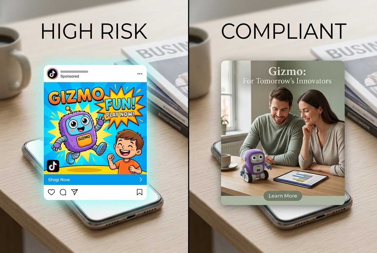 A comparison between high-risk child-directed creative and compliant adult-focused creative for TikTok.