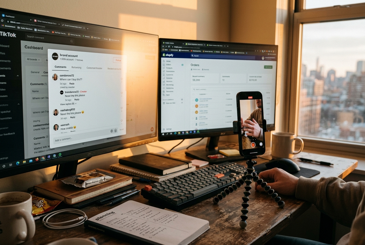 A professional social media management workspace set up for rapid-response video creation and commerce tracking.