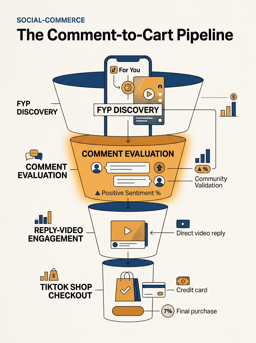 A marketing funnel showing the transition from discovery to checkout through the comments section.