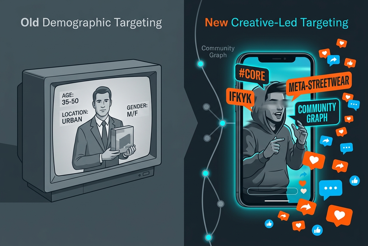 Comparison between old-school demographic ads and modern, community-focused TikTok creative.