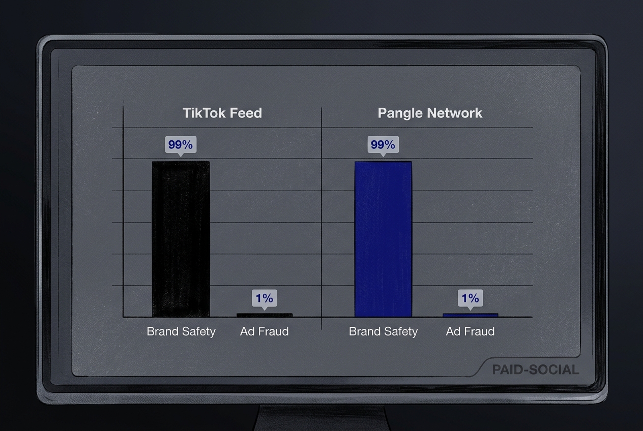 A mock-up of a DoubleVerify Pinnacle dashboard showing brand safety metrics for both TikTok and Pangle.