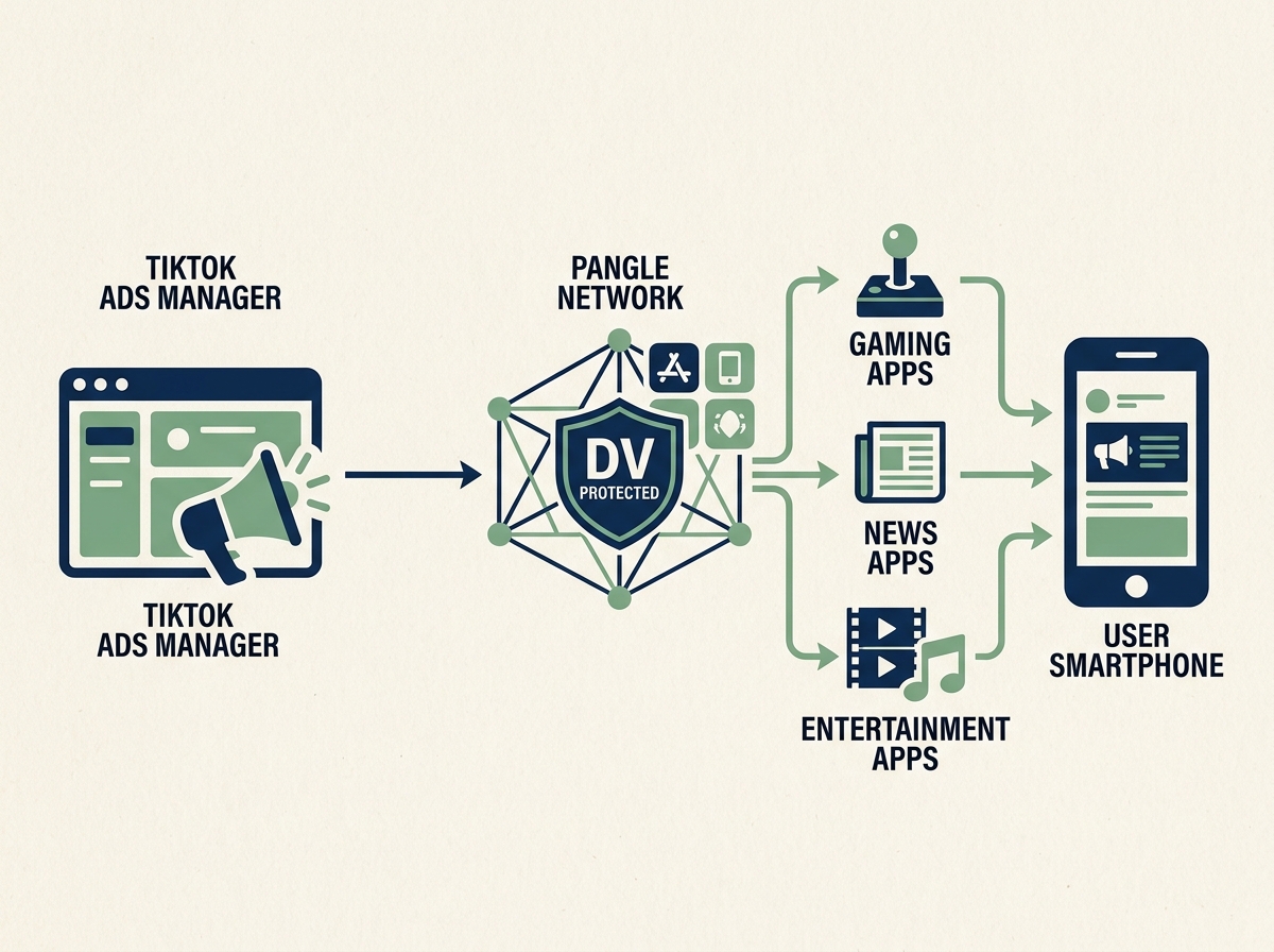 An infographic showing the flow of an ad through the Pangle network with DoubleVerify protection.