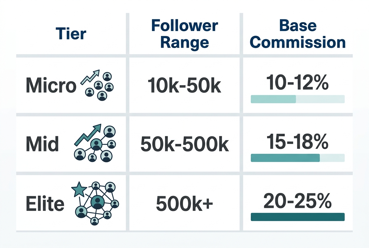 A table comparing creator tiers and their respective commission benchmarks for 2026.