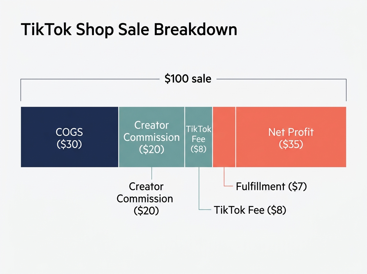 A bar chart breaking down the costs and profit margins of a typical $100 TikTok Shop transaction.