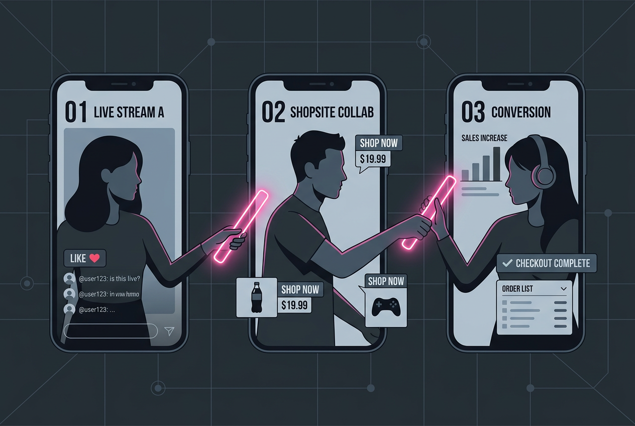 A conceptual illustration representing the 'relay' strategy where multiple creators pass an audience from one stream to another.