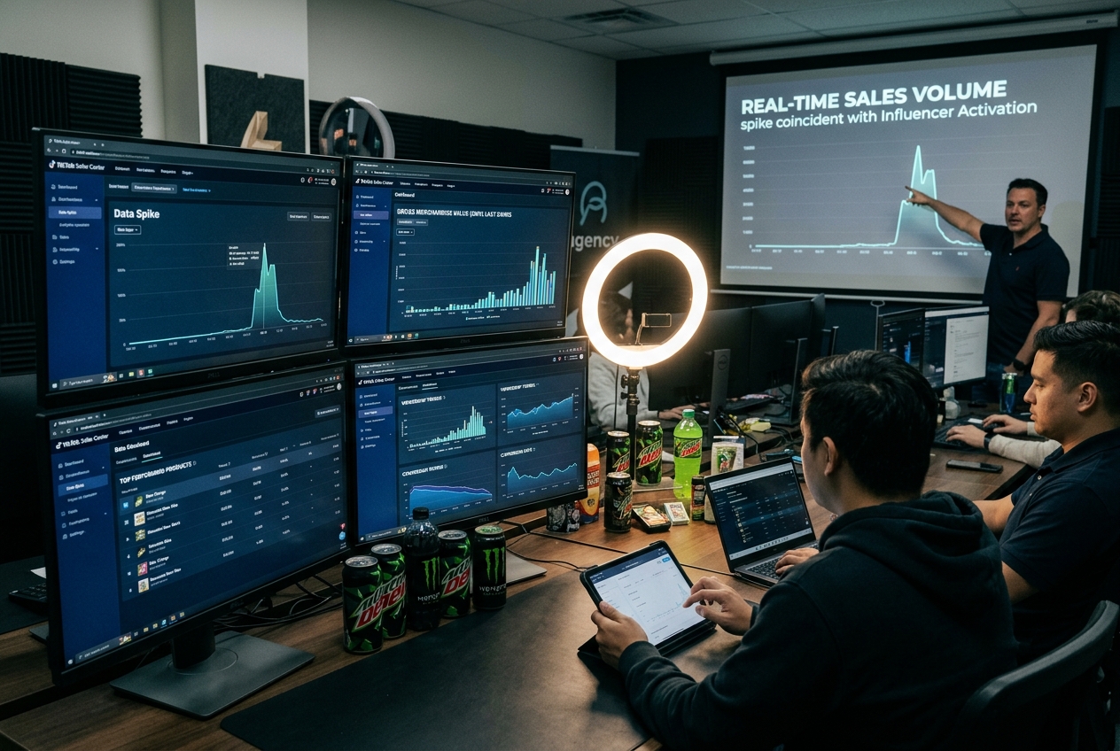 A behind-the-scenes look at a marketing agency's command center during a high-volume social commerce drop.