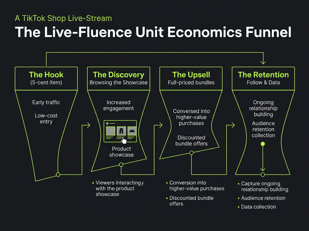 An infographic showing how a low-cost item leads to higher-value sales and customer data acquisition in a TikTok Shop funnel.