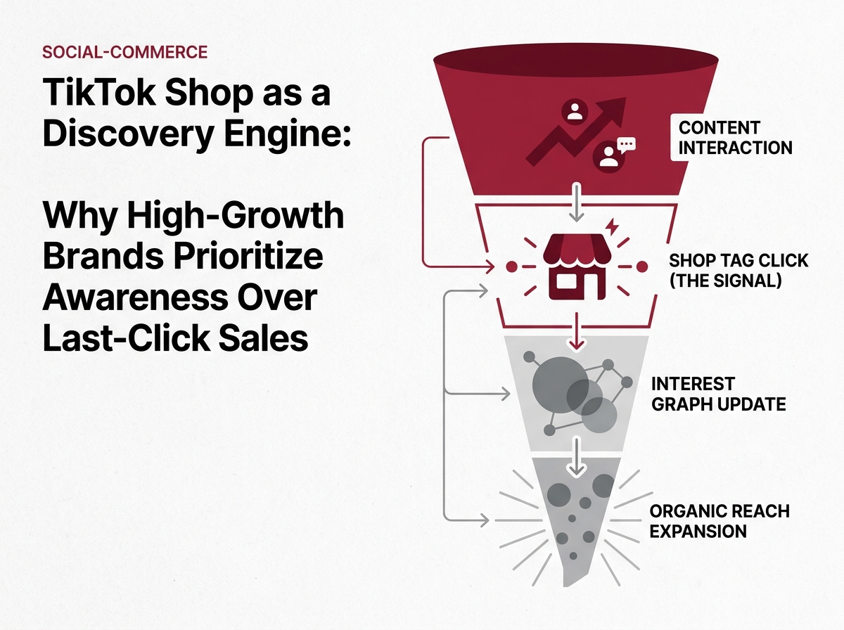 A diagram showing how a shop tag click acts as a signal to update a user's interest graph and expand organic reach.