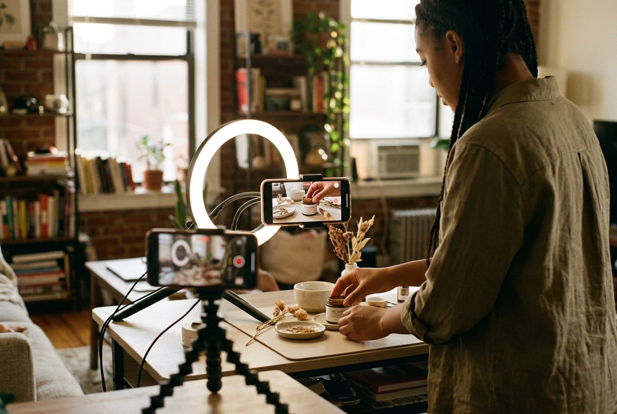 A creator's home studio setup showing a product demonstration being filmed for TikTok Shop.