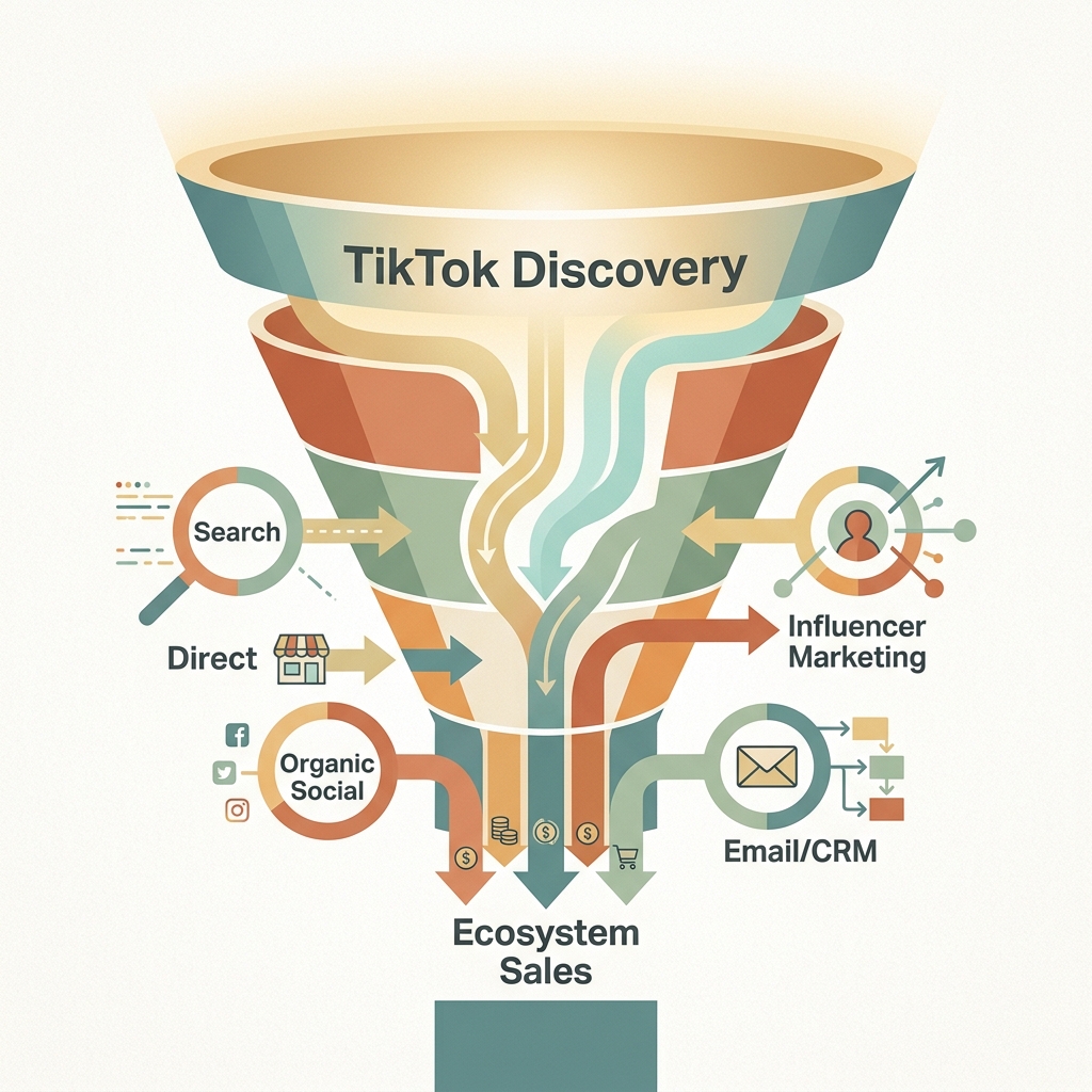 An illustration showing TikTok discovery as the wide top of a funnel that feeds into multiple sales channels.
