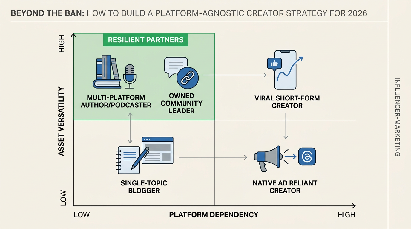A 2x2 matrix chart showing how to categorize influencers based on their platform dependency and the versatility of the content they produce.