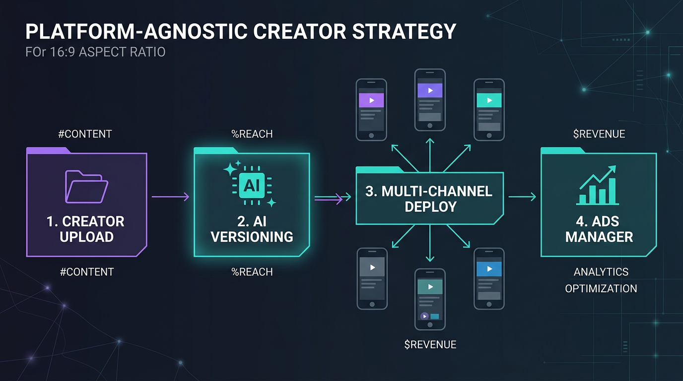 A workflow diagram showing the automated process of receiving, versioning, and deploying creator content across multiple platforms.