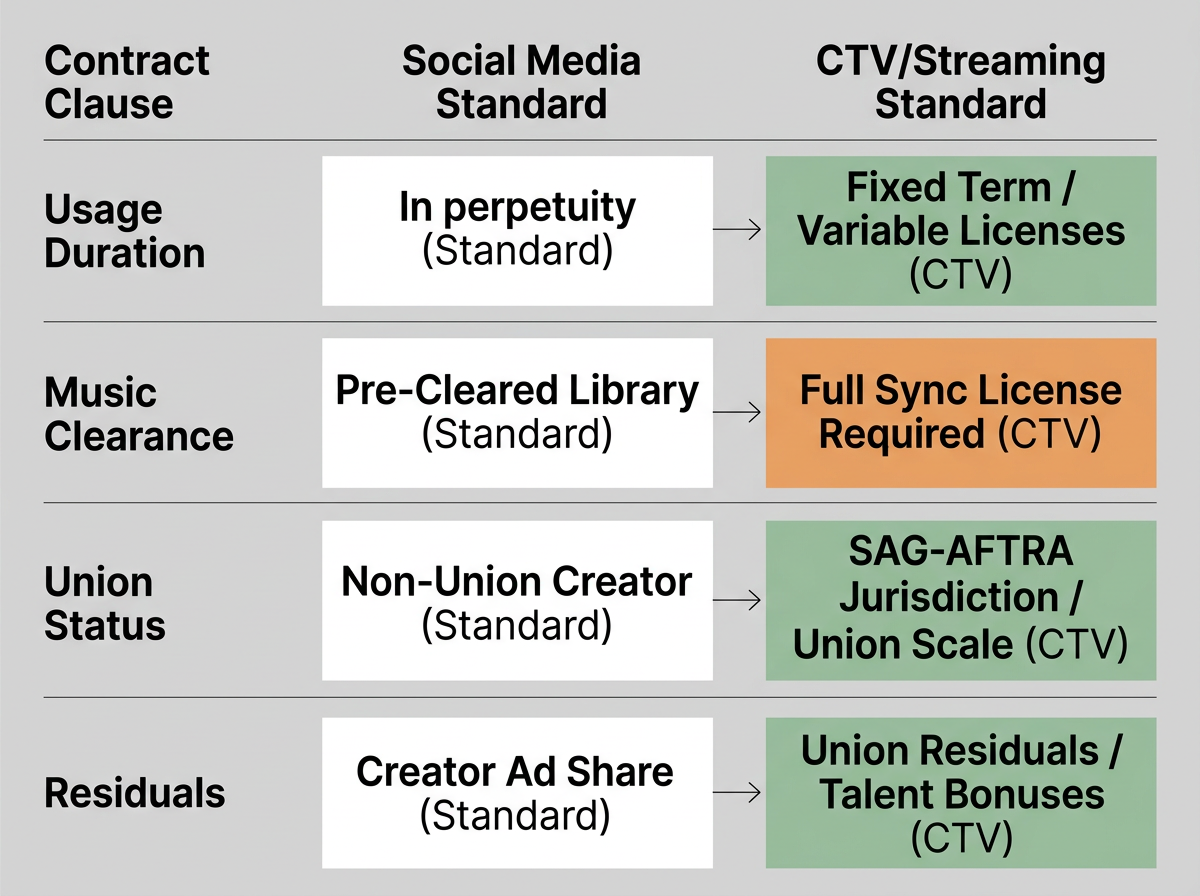 A comparative matrix diagram detailing the contractual differences between standard social media influencer contracts and CTV distribution rights.