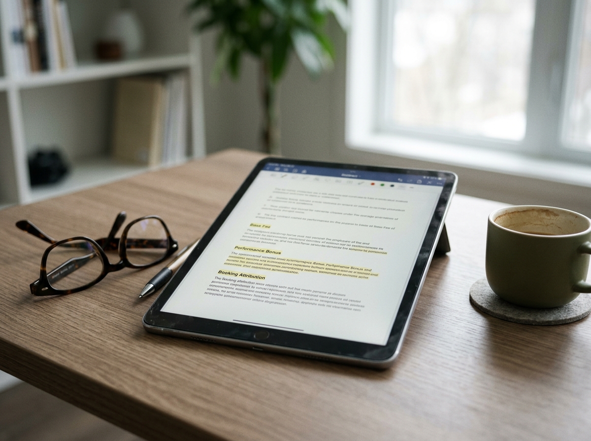 A digital contract on a tablet highlighting performance-based pay for travel creators.