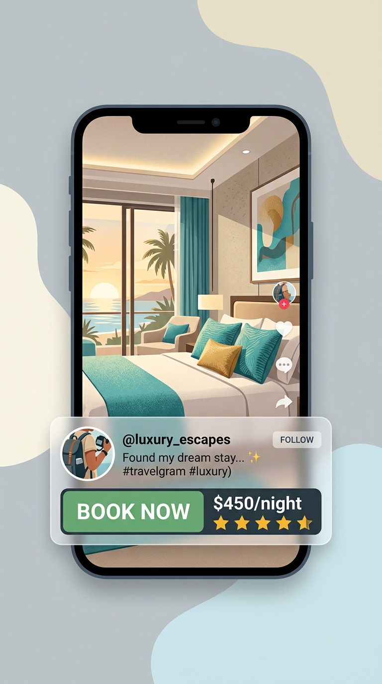 A smartphone interface showing a shoppable travel video with a direct booking button.