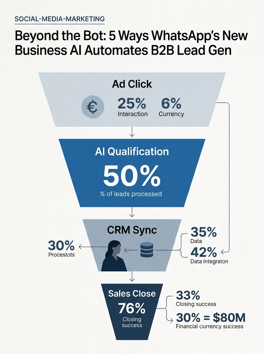 A vertical funnel diagram showing how a lead moves from a WhatsApp ad click to a sales close via AI qualification.