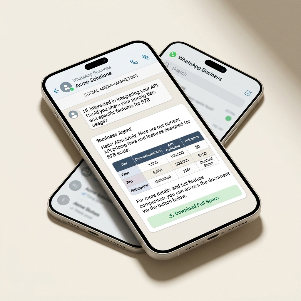 A mockup of the WhatsApp Business AI interface showing a technical sales conversation.