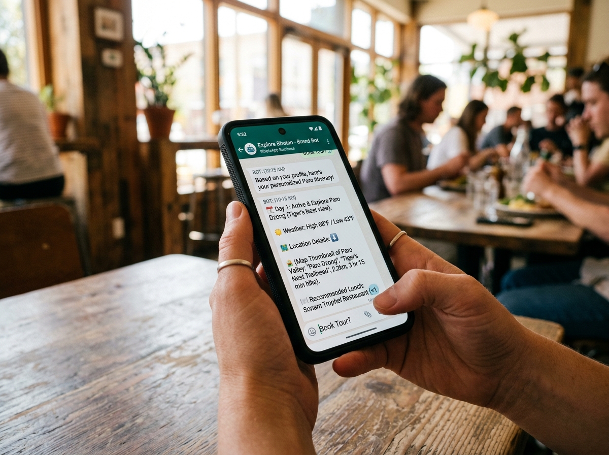 Close up of a person using a WhatsApp AI assistant to manage a travel itinerary.