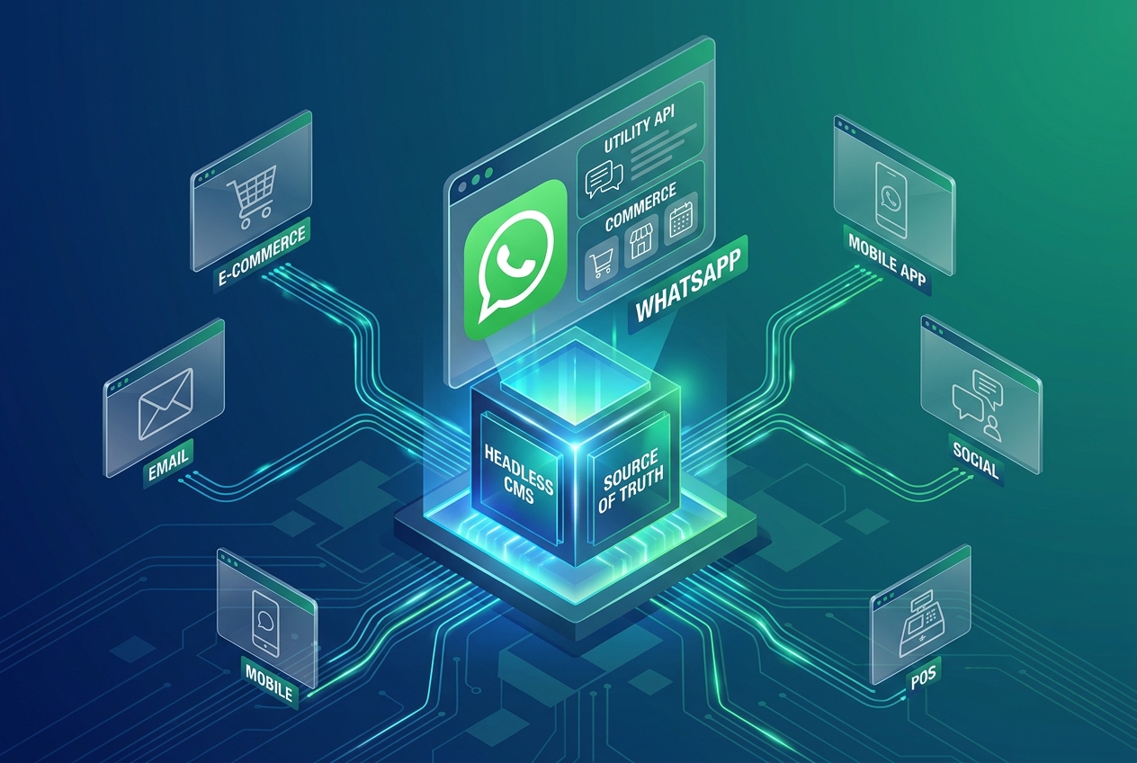 An isometric illustration showing how a central data source powers multiple messaging interfaces.
