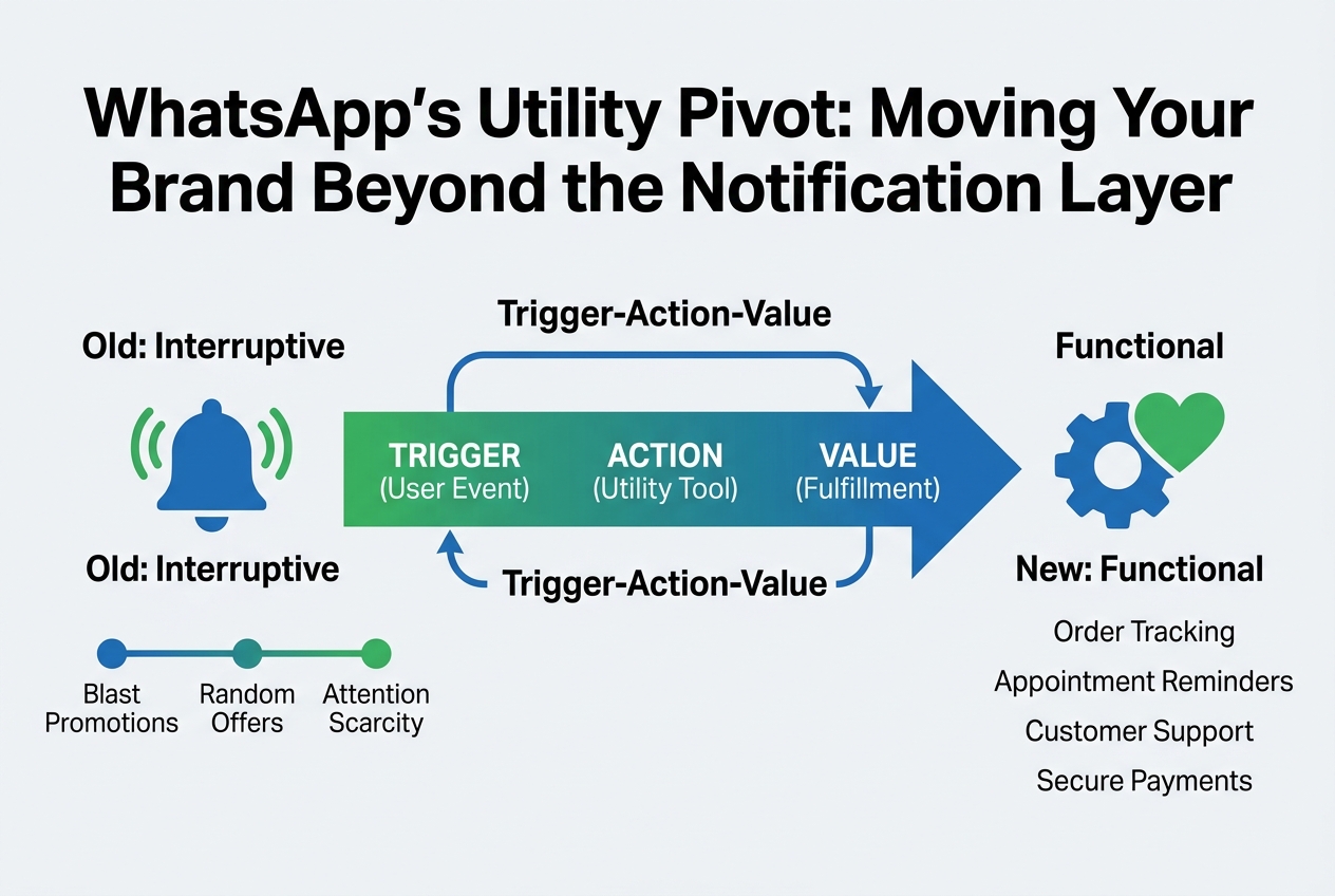 An infographic comparing old interruptive marketing with new functional utility marketing on WhatsApp.
