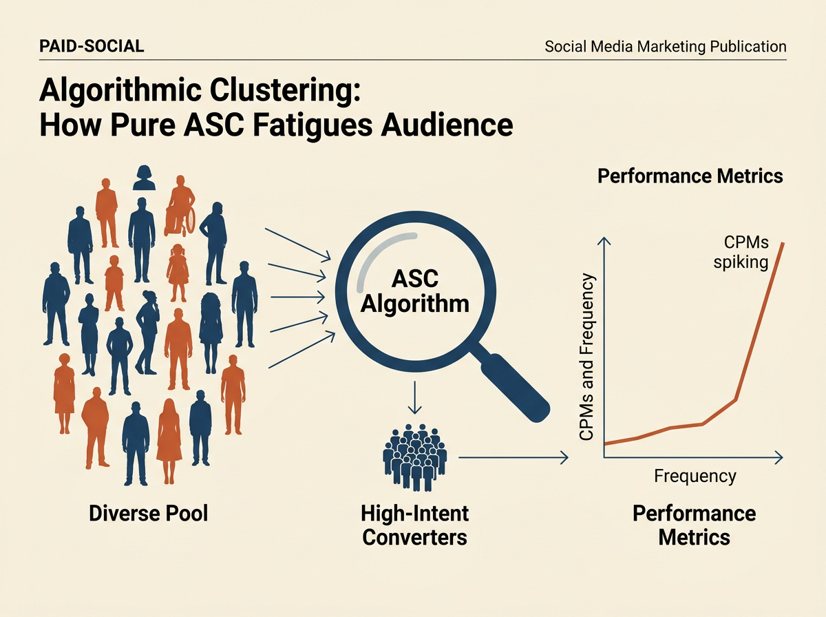 An infographic showing how Meta's algorithm narrows down a broad audience into a small, high-intent cluster, causing CPMs to spike.