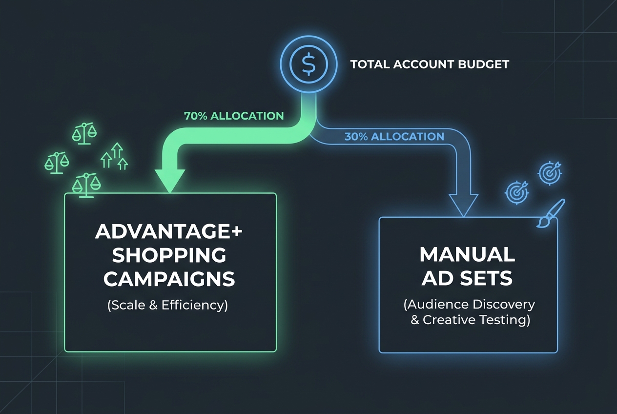 A diagram illustrating the 70/30 hybrid budget split between automated ASC campaigns and manual targeting ad sets.