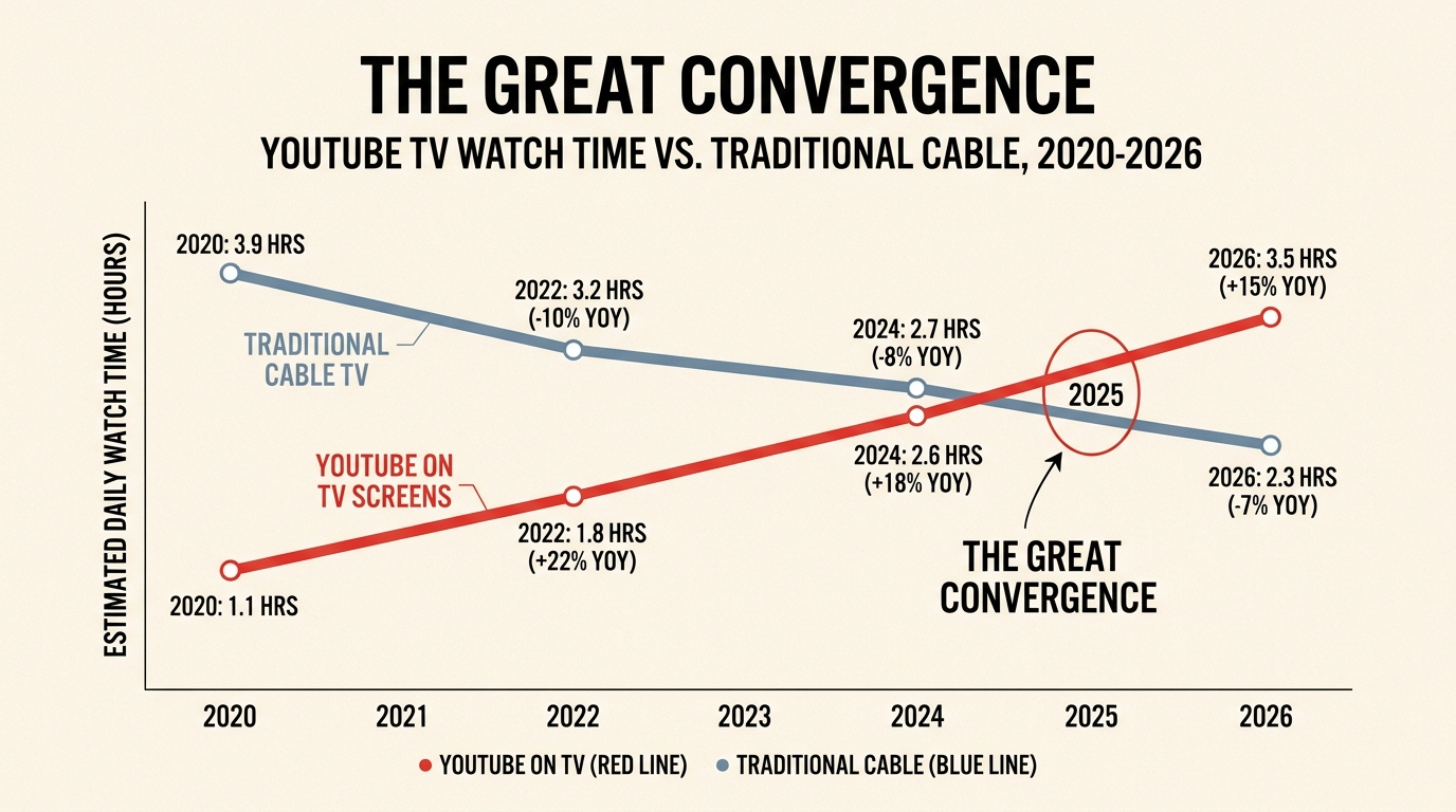 Chart showing YouTube CTV growth surpassing traditional cable TV watch time.