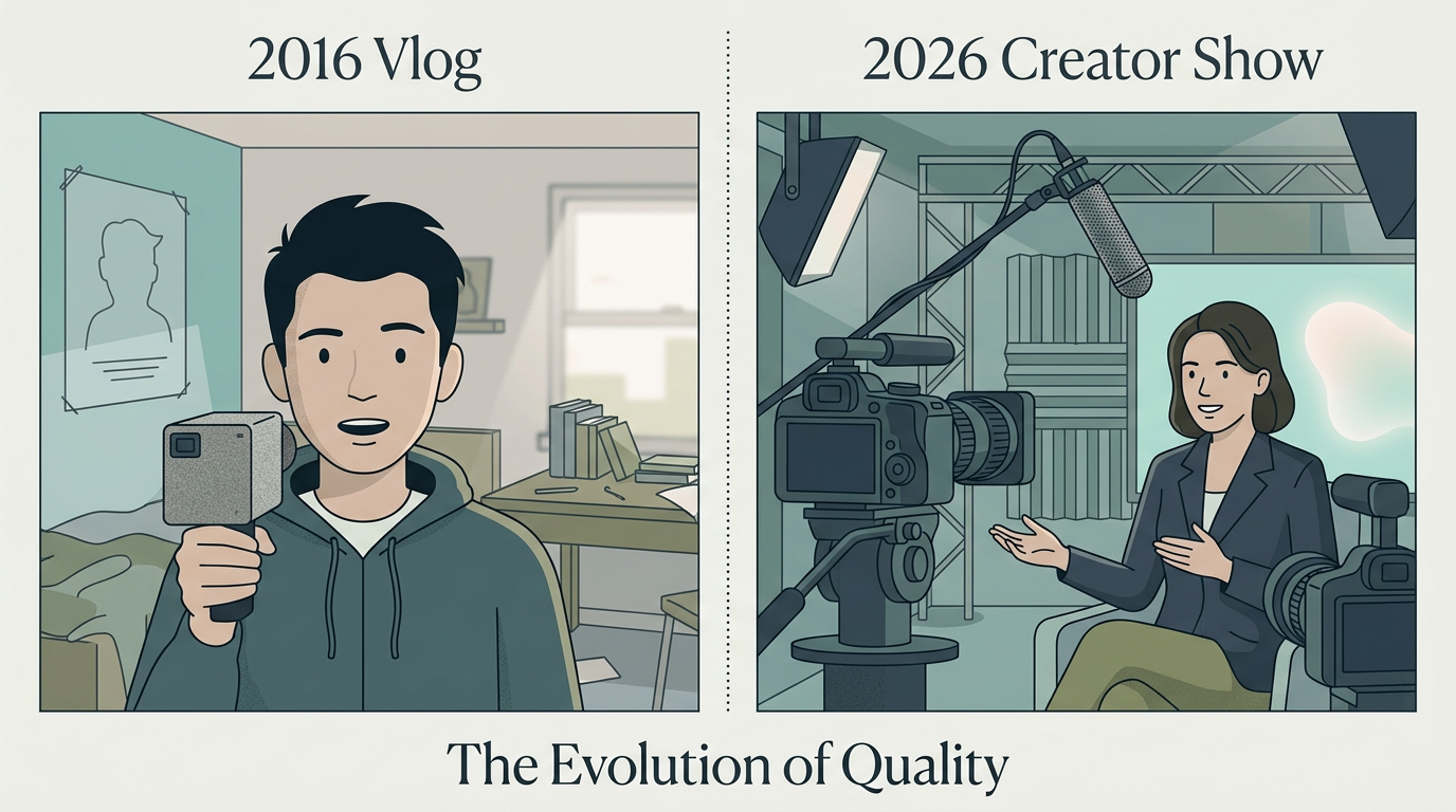 Comparison between old-school vlogging and modern high-production creator shows.