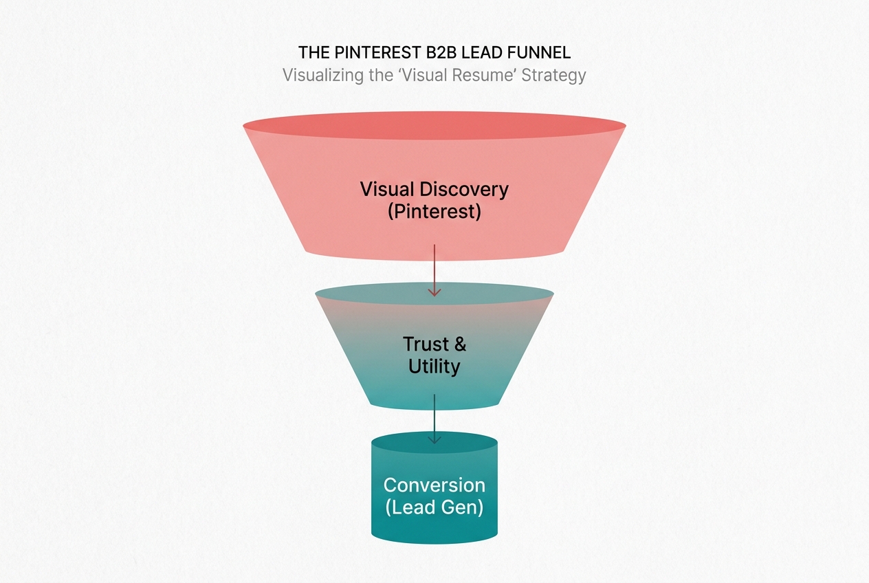 A marketing funnel showing how Pinterest serves as the discovery layer for B2B lead generation.