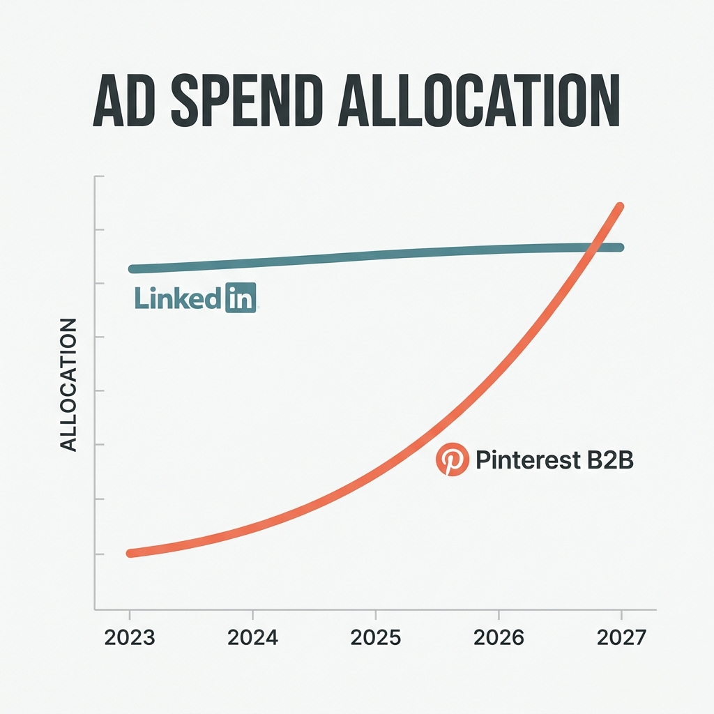 A growth chart predicting the increase in B2B ad spend on Pinterest compared to LinkedIn over the next three years.