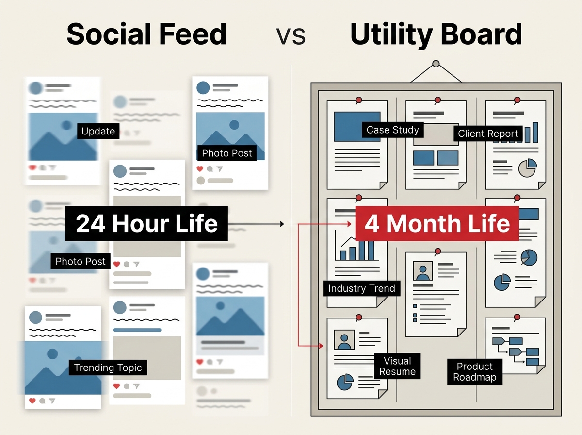 A comparison chart showing the difference in content shelf-life between traditional social media feeds and Pinterest boards.