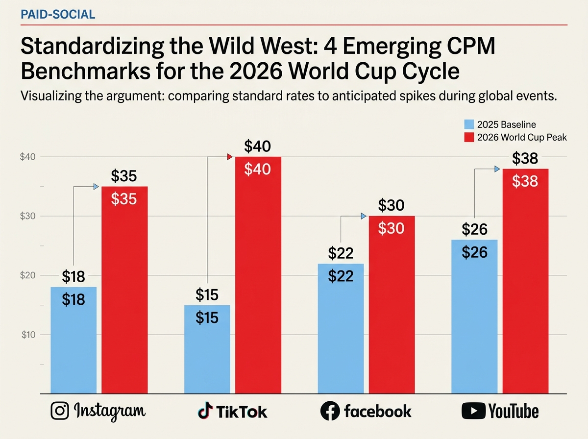 A bar chart showing the projected increase in CPM rates for the 2026 World Cup across major social platforms.